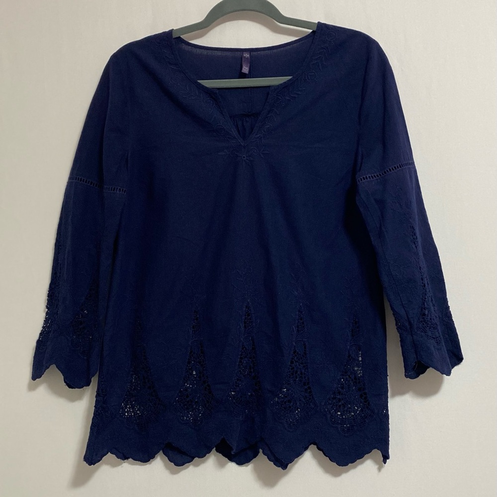 NYDJ 100% Cotton Deep Blue Lace Trim Blouse